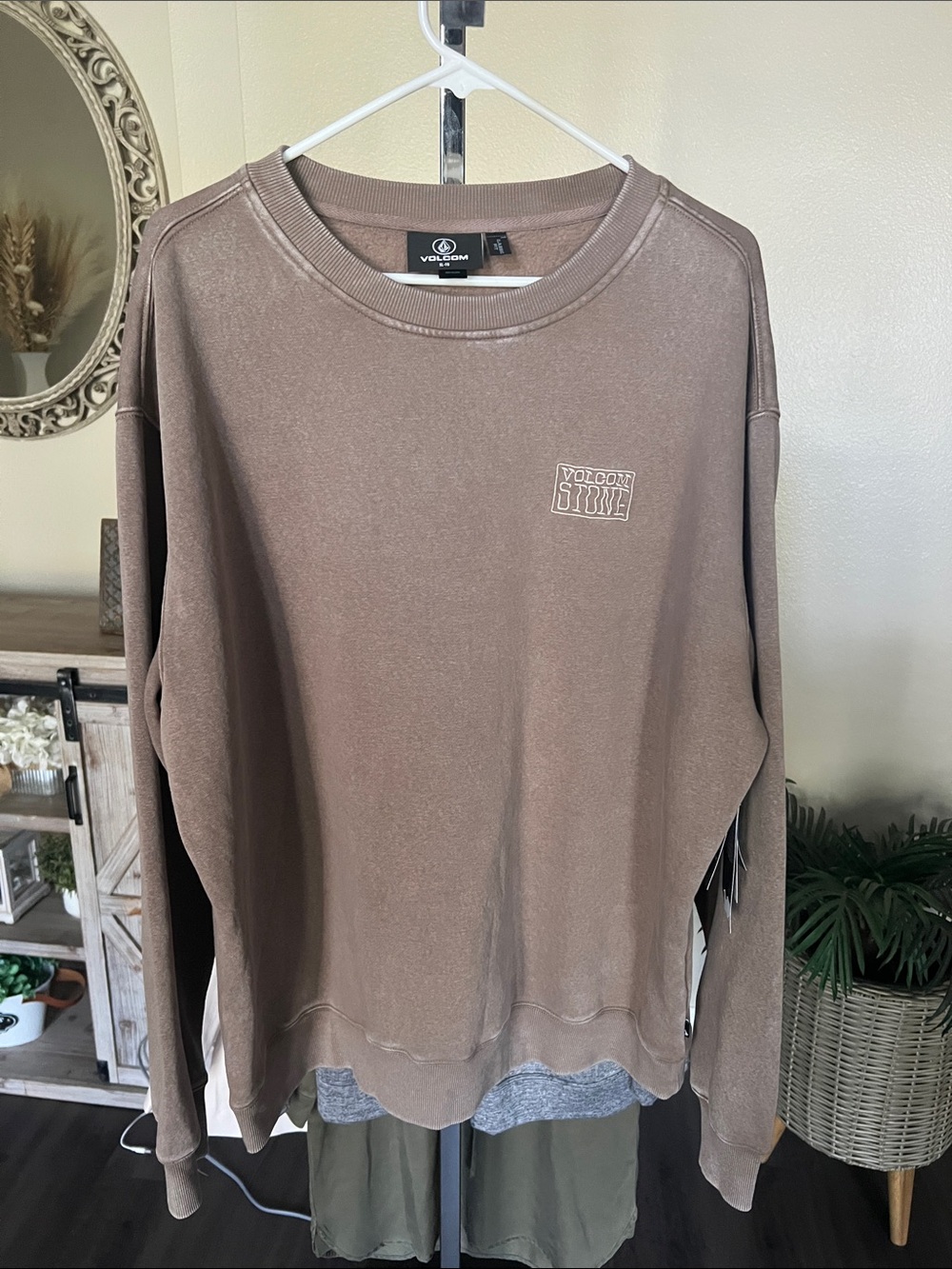 Volcom Men's Taupe Crewneck Sweatshirt with Small Chest Logo